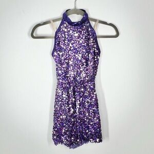 Curtain Call Purple Silver Sequin Halter Neck Open Back Dance Dress Child Large